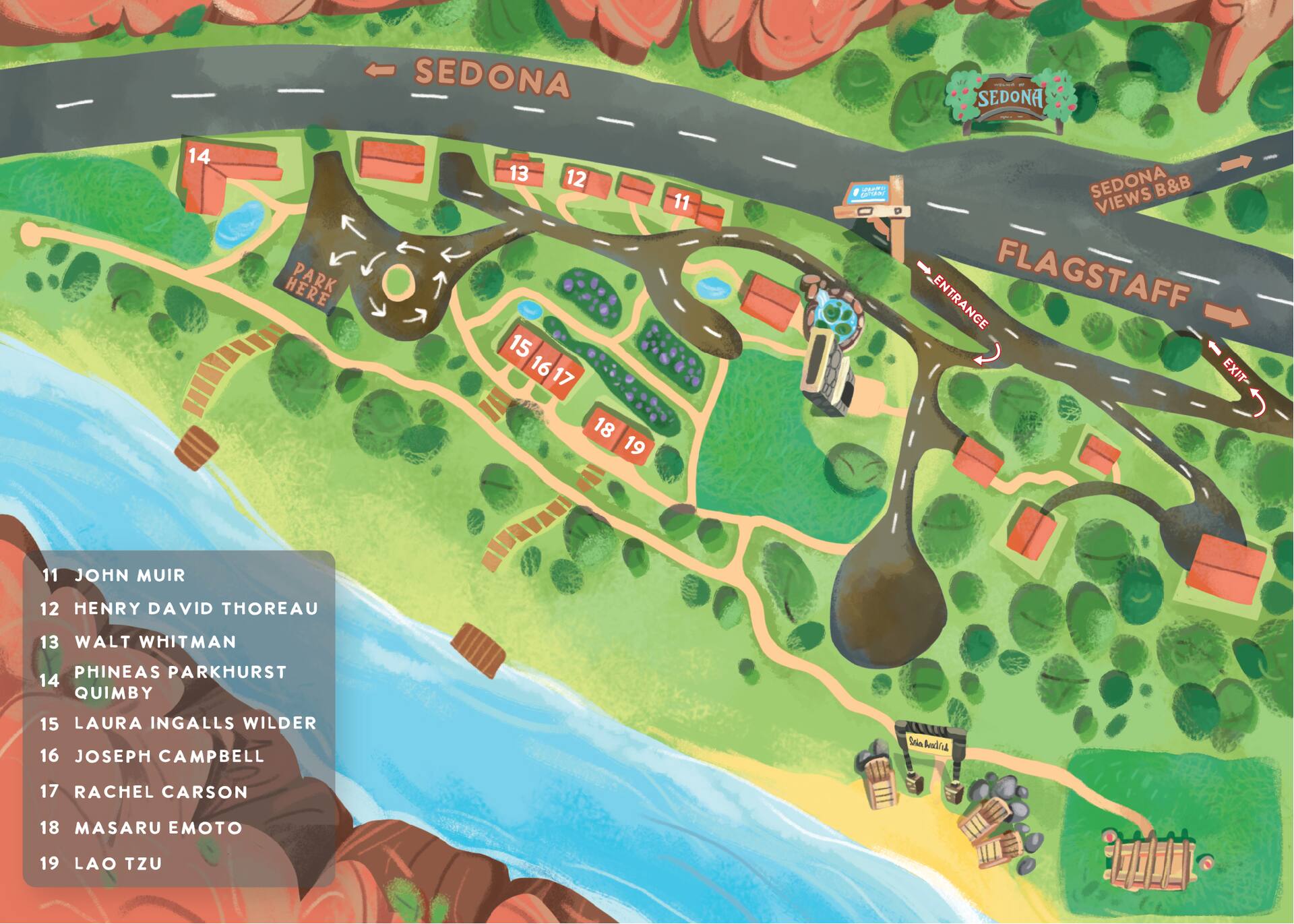 Property map showing Creekside Cabins and Sedona Beach Club location